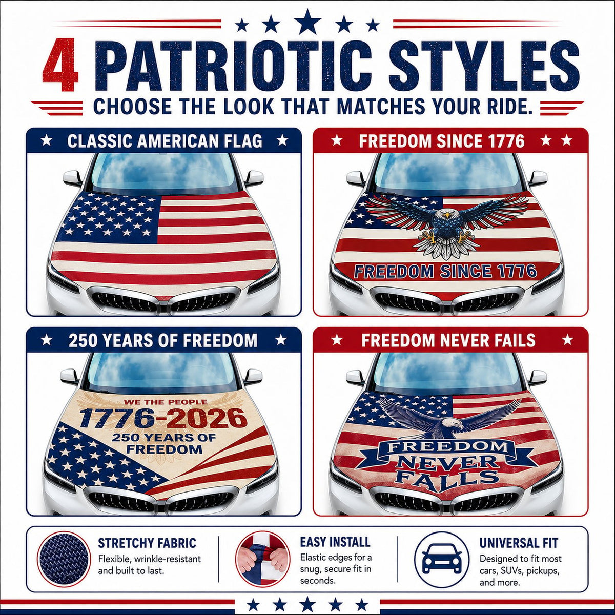 🇺🇸 Universal American Hood Flag Cover 🔥 Fits Most Cars, SUVs & Pickups🦅