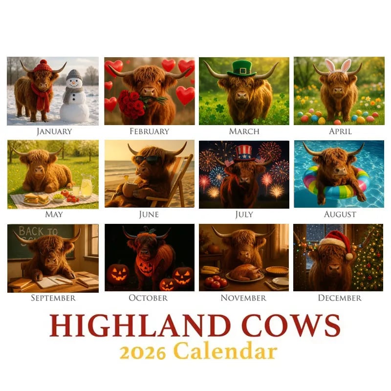 🔥LAST DAY 49% OFF - 🐮2026 Highland Cow Wall Calendar📅