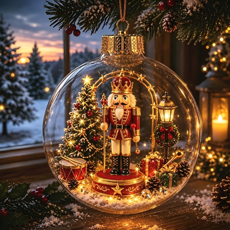 Light Up Christmas Ornament Ball, Acrylic Christmas Tree Hanging Decor, Xmas Scene Inside Bauble for Holiday Home Decor