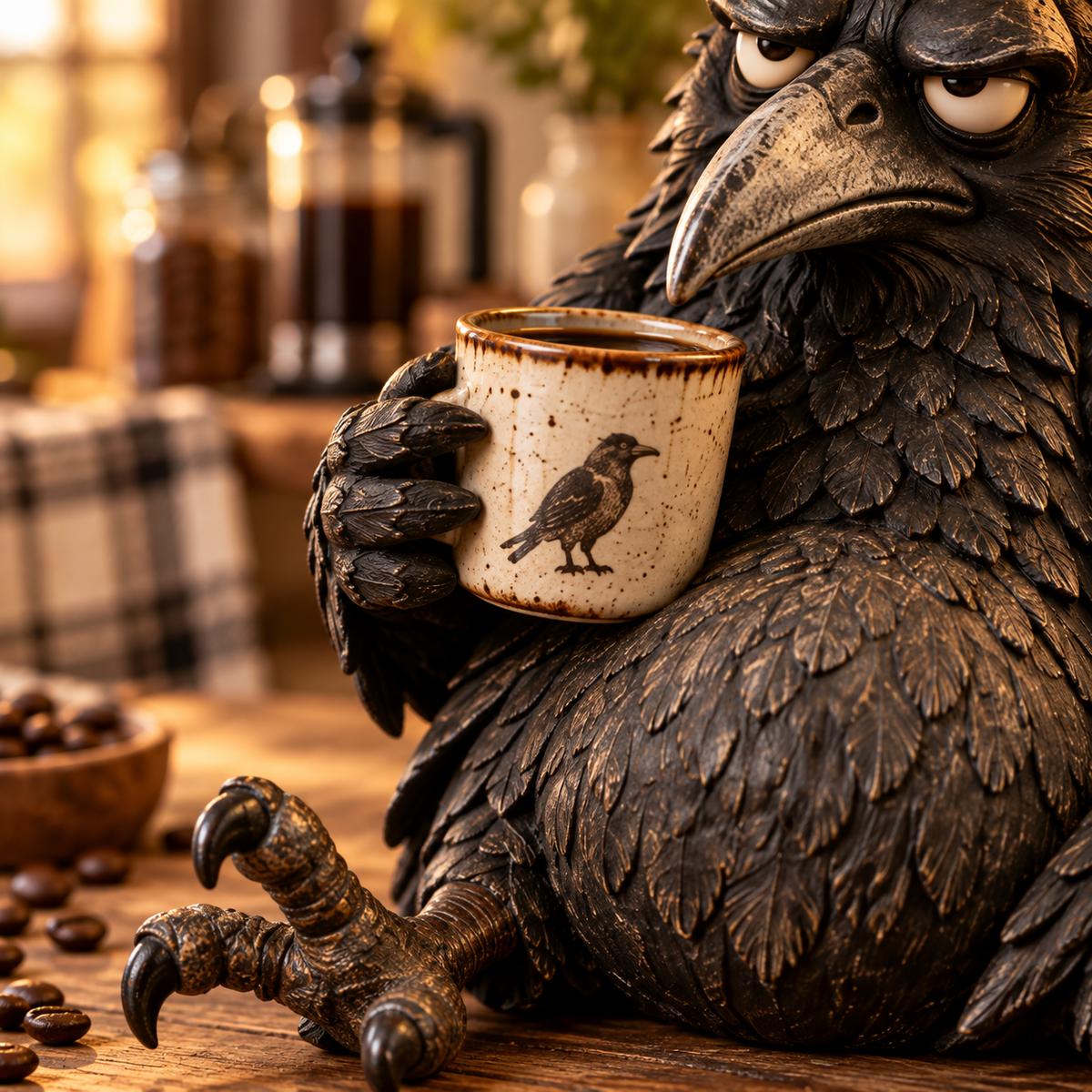 The Grumpy Coffee Raven – Rustic Vintage Coffee Lover Figurine