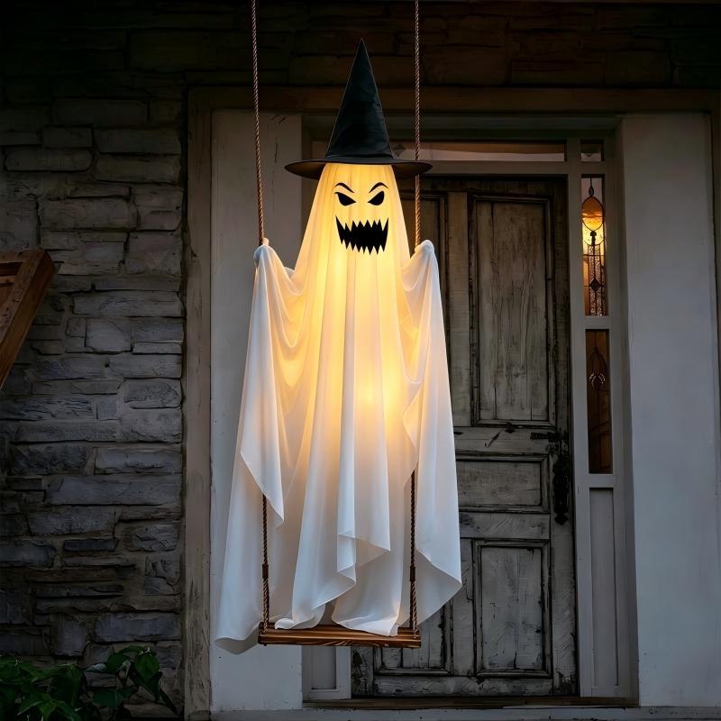 Large Glowing Halloween Ghost with Swing Hanging Decor for Porch and Yard