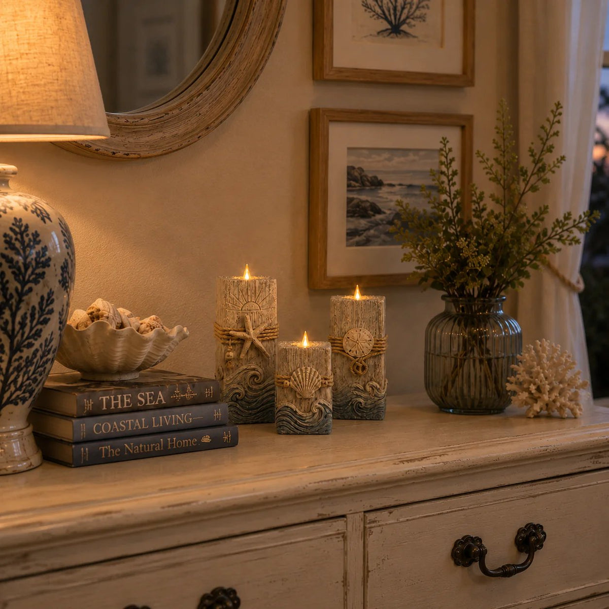 Coastal Wooden LED Candle Decor Set of 3 – Flameless Seashell Glow with Remote & Timer