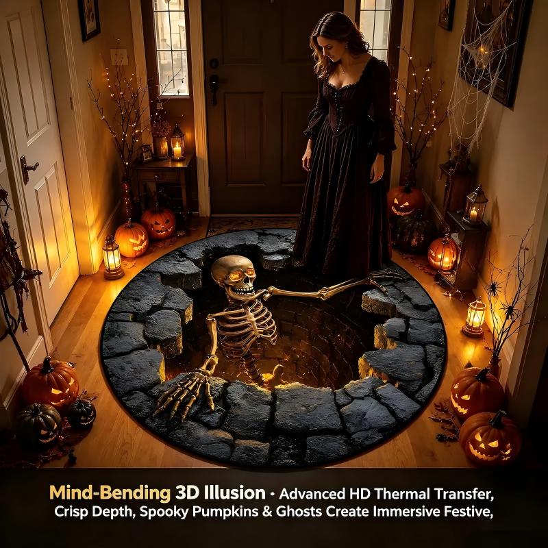 Halloween 3D Skeleton Vortex Illusion Round Rug Non Slip for Indoor Living Room Kitchen