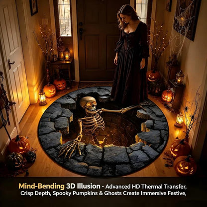 Halloween 3D Skeleton Vortex Illusion Round Rug Non Slip for Indoor Living Room Kitchen
