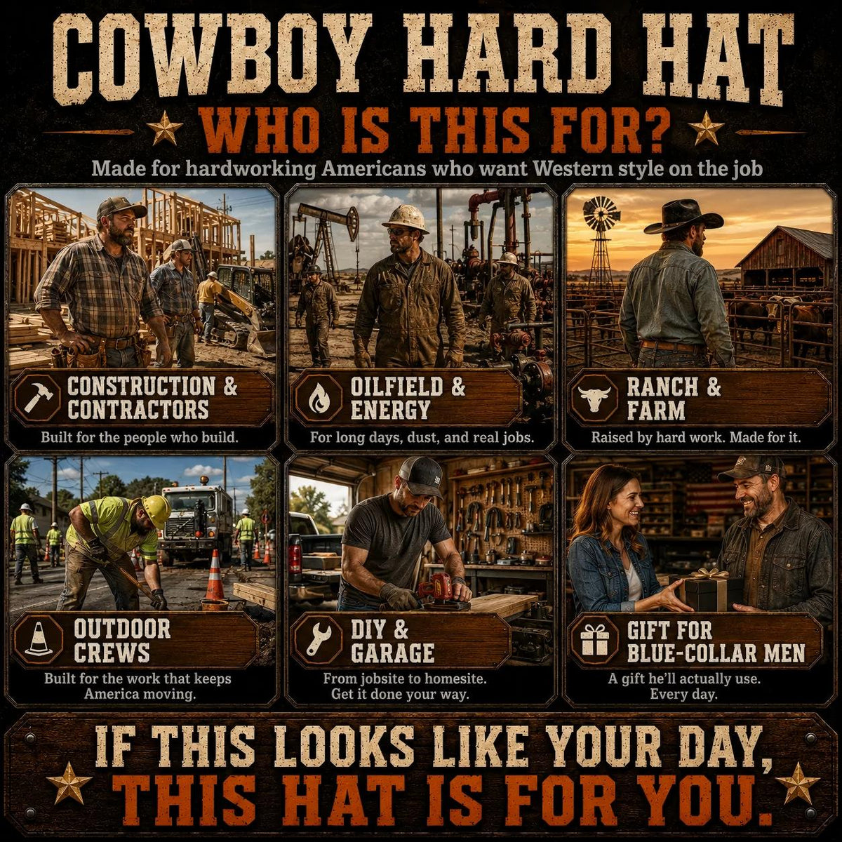 Cowboy Hard Hat for Men Western Style Work Helmet