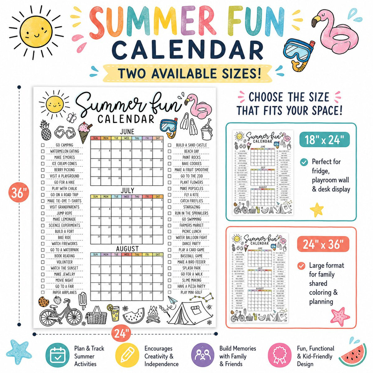 🌞 Summer Fun Bucket List Calendar Poster | Kids Summer Activity Tracker
