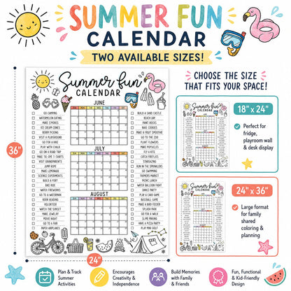 🌞 Summer Fun Bucket List Calendar Poster | Kids Summer Activity Tracker