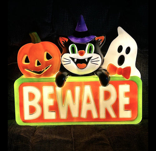 🔥LAST DAY 50% OFF🎃🐈‍⬛👻Halloween Lighted Blow Mold Vintage BEWARE Pumpkin Black Cat Ghost