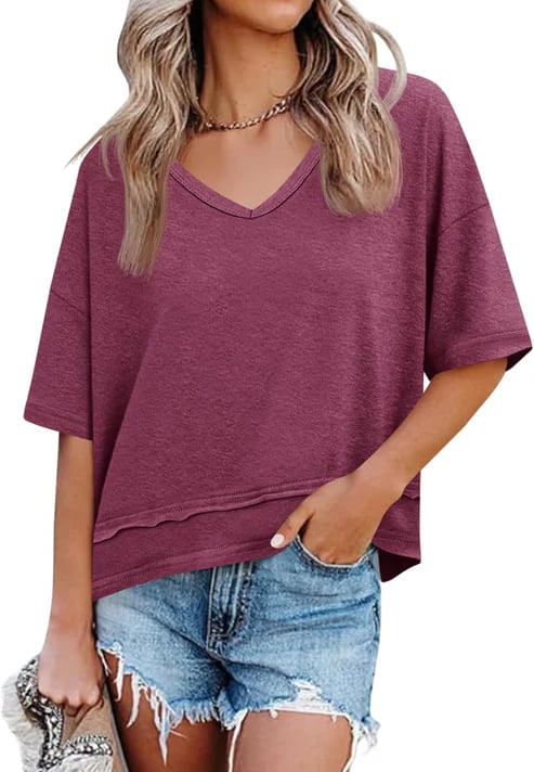 Women's V-neck Mid-length Sleeve Spliced Hem Basic Top
