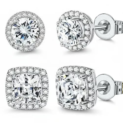 Halo Stud Earrings 4-Pack - Gold & Silver Round/Square Styles