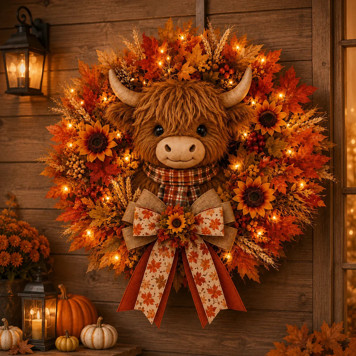 🍂🎃Autumn Retro Patchwork Pumpkin Door Hanging with Lights