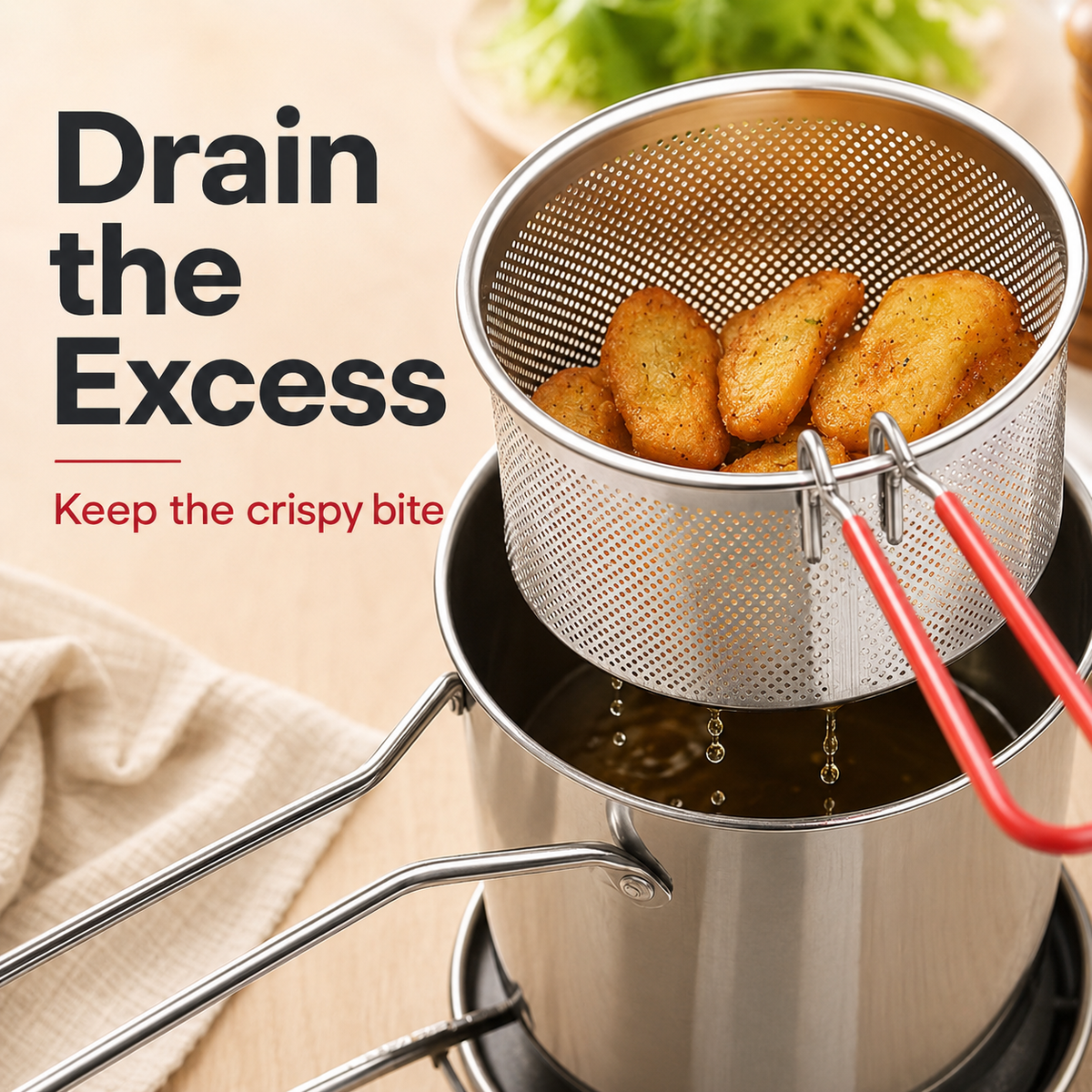 🔥Last Day 50% OFF - 🍟🏅🍟Personal Mini Deep Fryer Set – Stainless Steel Pot with Lift-Out Draining Basket & Food Tongs