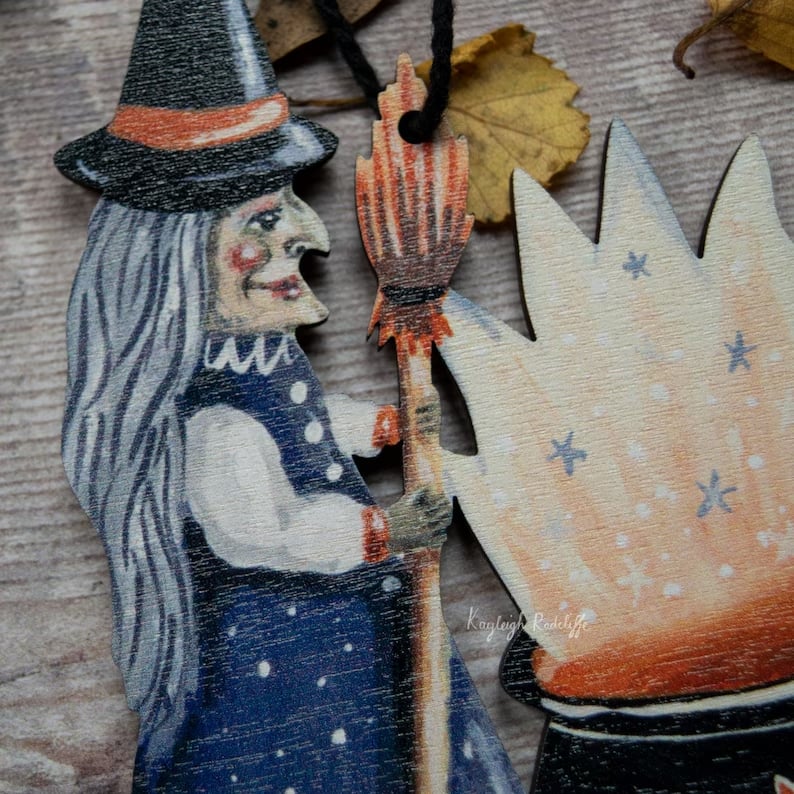 🎃Halloween Wooden witch with a cauldron hanging ornament