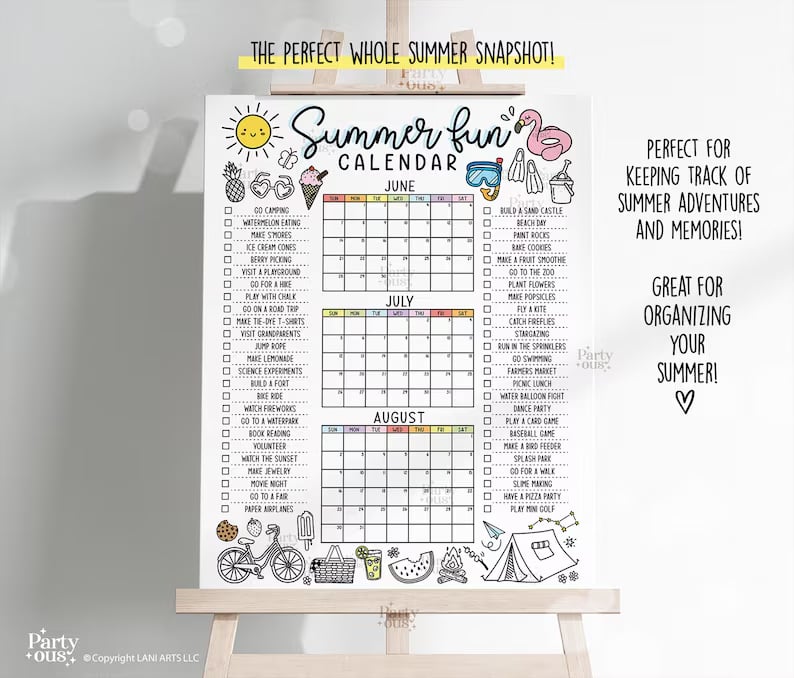 🌞 Summer Fun Bucket List Calendar Poster | Kids Summer Activity Tracker
