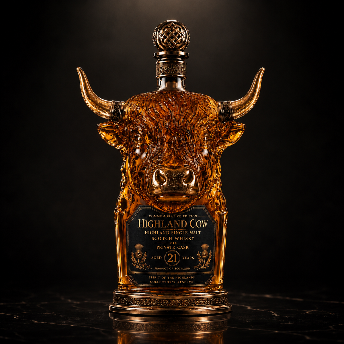 Highland Cow Private Cask 21 Years Cow Head Shaped Scotch Whisky Bottle