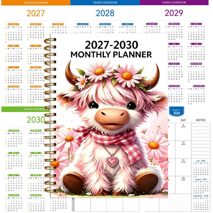 2027–2030 Highland Cow Monthly Planner | 4-Year Spiral Calendar