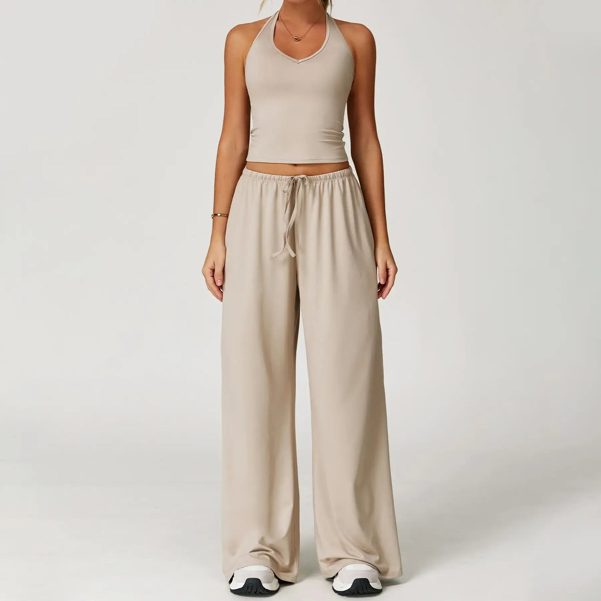 💖Hot 50% OFF✨ Women’s 2-Piece Silk-Like Lounge Set – V-Neck Strappy Top & Wide Leg Pants