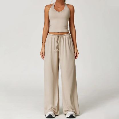 💖Hot 50% OFF✨ Women’s 2-Piece Silk-Like Lounge Set – V-Neck Strappy Top & Wide Leg Pants