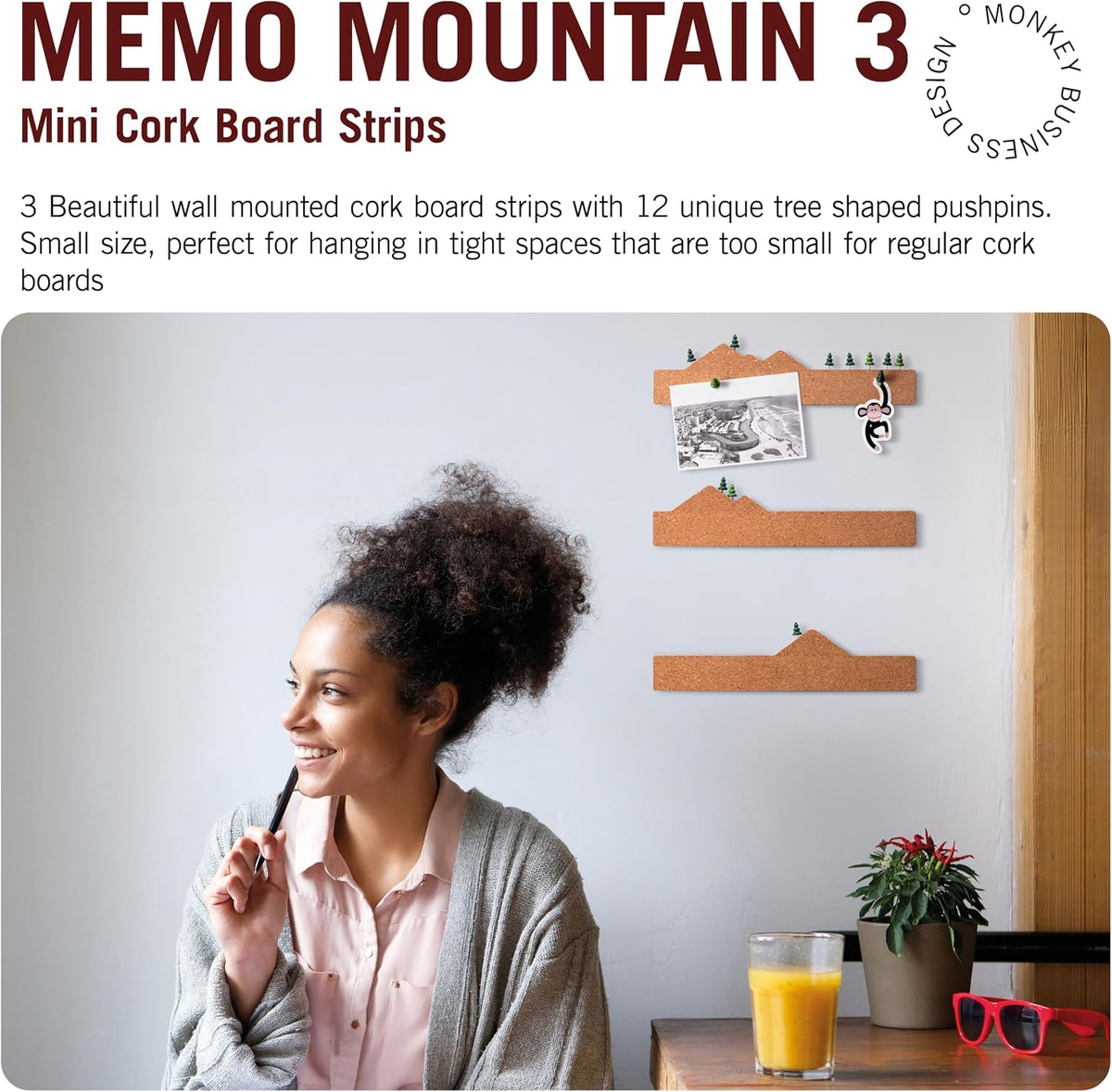 Memo Mountain 3 Cork Board Strips - Corkboard Pin Boards with Mountain Scene Pushpins, Office Accessories, Cute Cork Boards for Walls