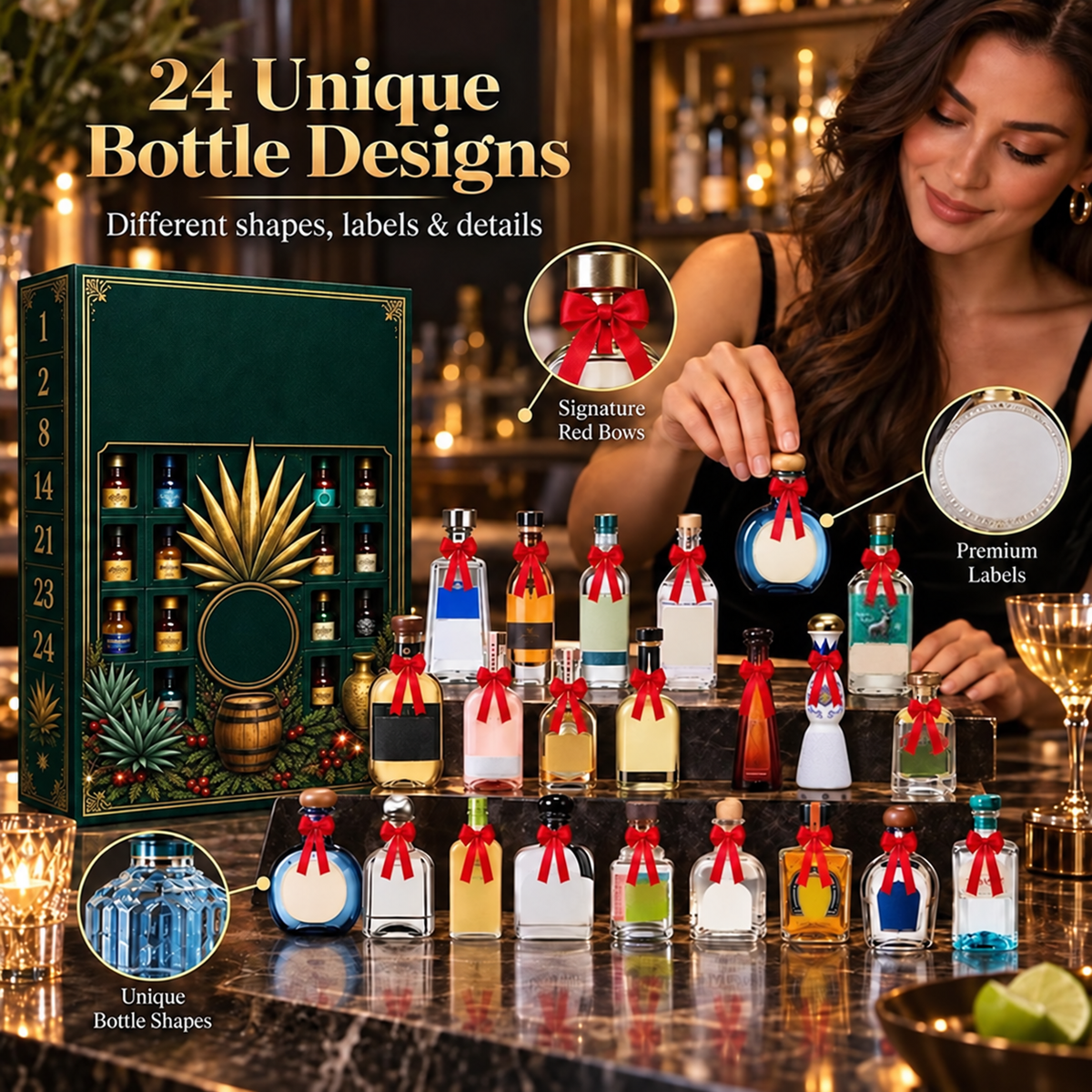 24-Day Mini Tequila Bottle Advent Blind Box for Holiday Celebration, Bar Table Decor, Collector Gift & Family Countdown