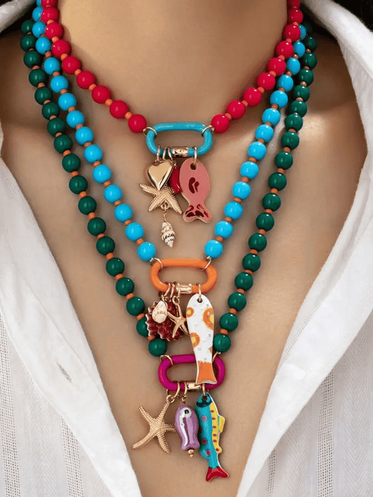 🌈✨3pc Summer Layered Beaded Dopamine Necklace Set - 🦀Colorful Fish and Starfish Charms🐠