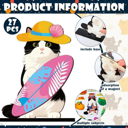 Pet Sign Gift Halloween Decor Cat Ornaments Wooden Sign Cat Desk Decor Interchangeable Pet Decor with Magnet Detachable Hats for Summer Halloween Autumn Holiday Seasonal Birthday Party, Gift for Pet Owning Families and Cat Lovers