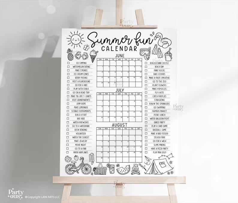 🌞 Summer Fun Bucket List Calendar Poster | Kids Summer Activity Tracker