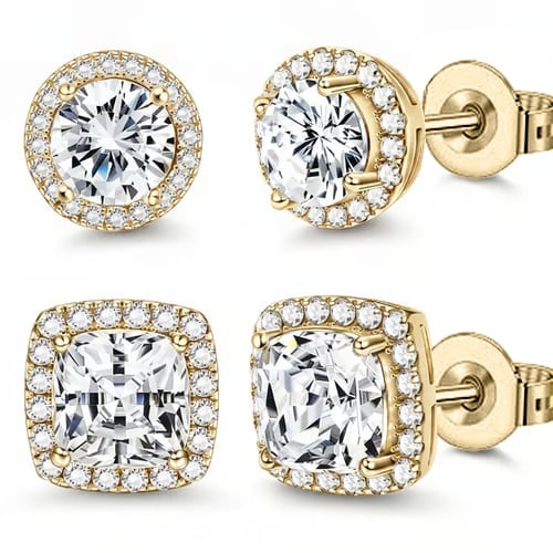 Halo Stud Earrings 4-Pack - Gold & Silver Round/Square Styles