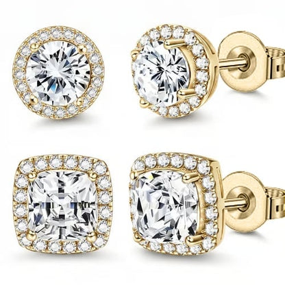 Halo Stud Earrings 4-Pack - Gold & Silver Round/Square Styles