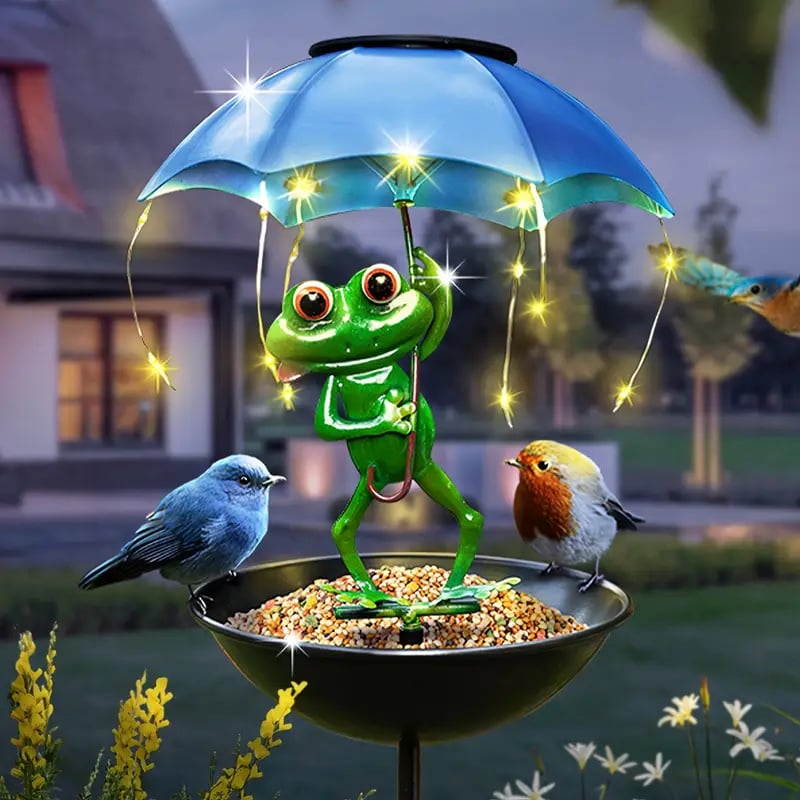 🔥Last Day 49% OFF - 🐦Solar-Powered LED Animal Umbrella Light with Bird Feeder（Frog/Bee/Flamingo）