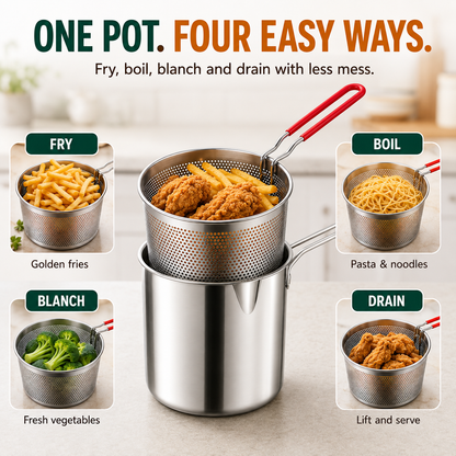 🔥Last Day 50% OFF - 🍟🏅🍟Personal Mini Deep Fryer Set – Stainless Steel Pot with Lift-Out Draining Basket & Food Tongs