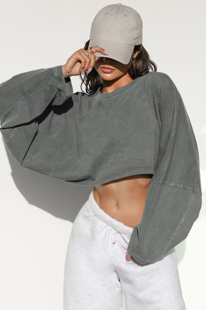 Women Long Sleeve Cropped Sweatshirt Oversized Crew Neck Workout Tops
