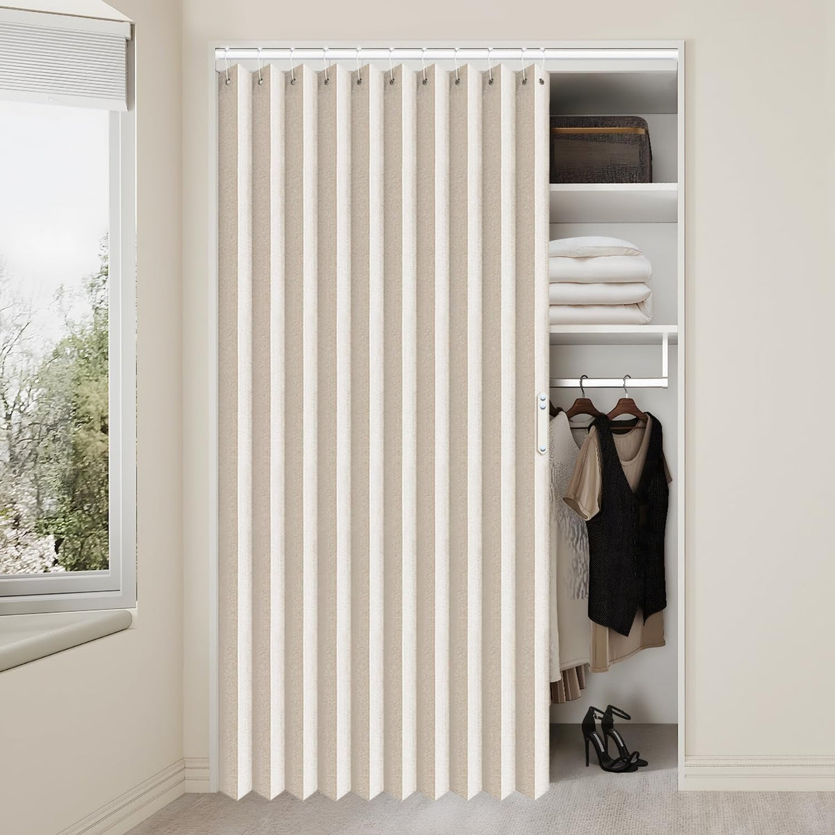 Pleated Folding Door Curtain | Accordion Room Divider with Magnetic Closure – Waterproof, No-Drill