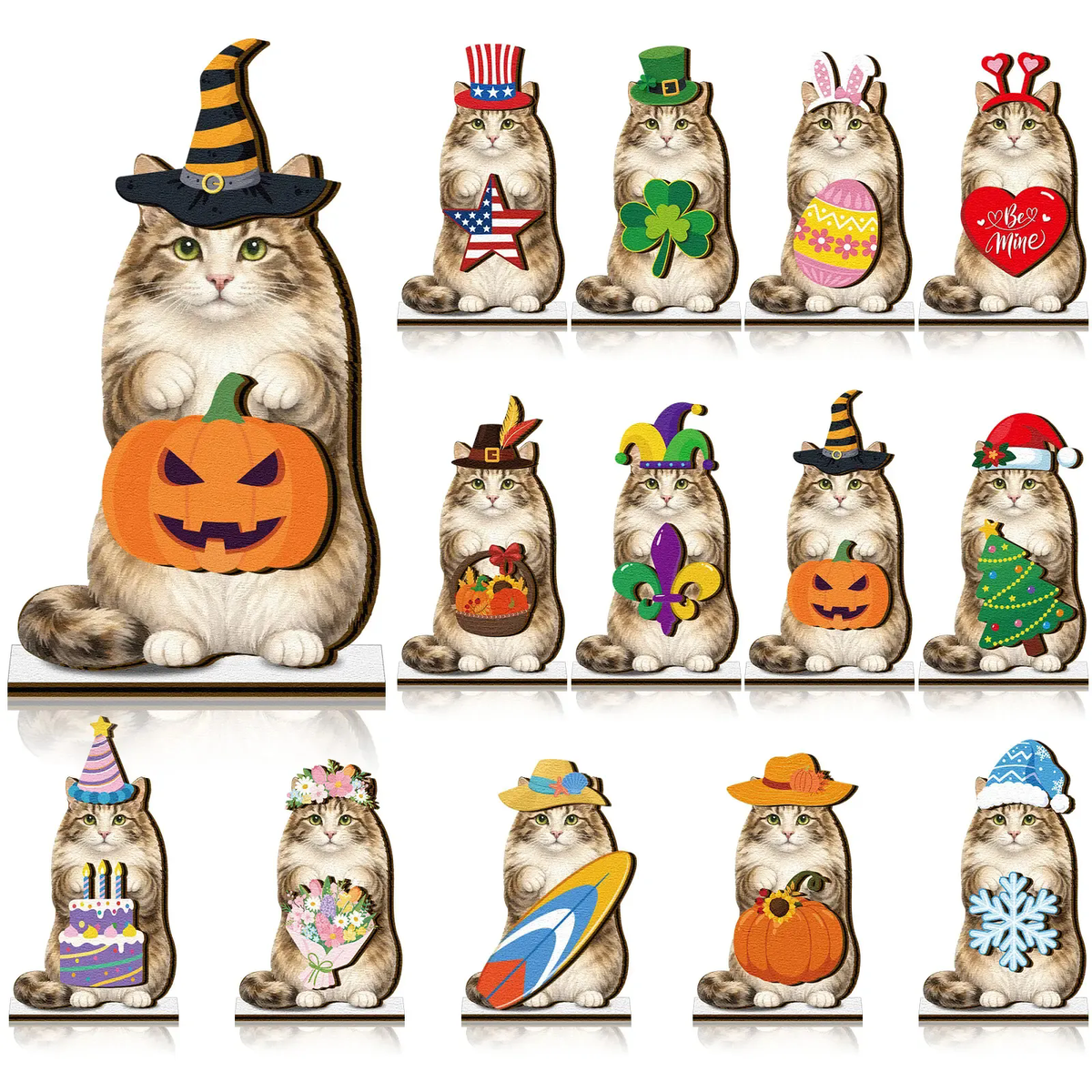 Pet Sign Gift Halloween Decor Cat Ornaments Wooden Sign Cat Desk Decor Interchangeable Pet Decor with Magnet Detachable Hats for Summer Halloween Autumn Holiday Seasonal Birthday Party, Gift for Pet Owning Families and Cat Lovers