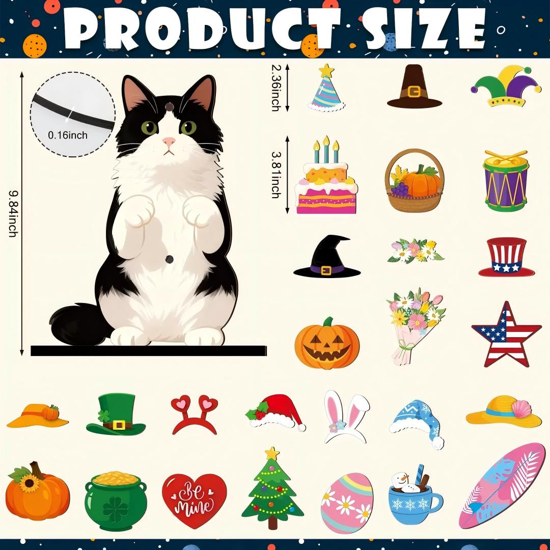 Pet Sign Gift Halloween Decor Cat Ornaments Wooden Sign Cat Desk Decor Interchangeable Pet Decor with Magnet Detachable Hats for Summer Halloween Autumn Holiday Seasonal Birthday Party, Gift for Pet Owning Families and Cat Lovers