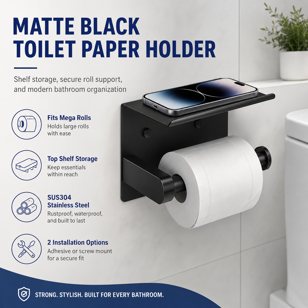 Toilet Paper Holder with Shelf – SUS304 Stainless Steel, Fits Mega Rolls, No-Drill Option
