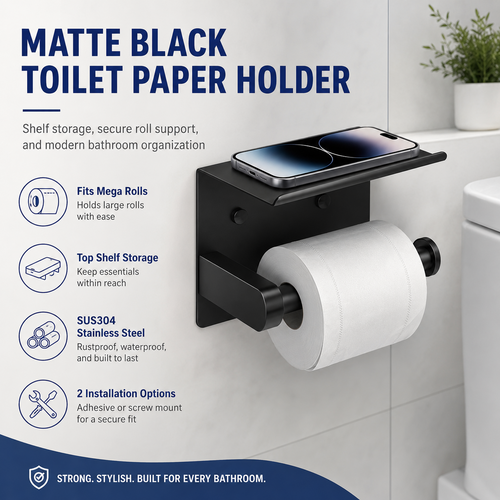 Toilet Paper Holder with Shelf – SUS304 Stainless Steel, Fits Mega Rolls, No-Drill Option