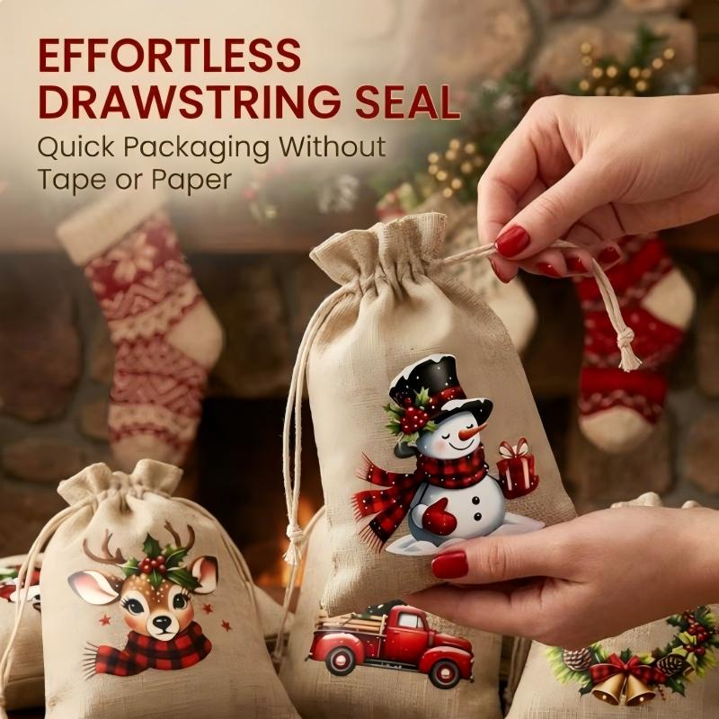 Rustic Christmas Burlap Drawstring Gift Bags
