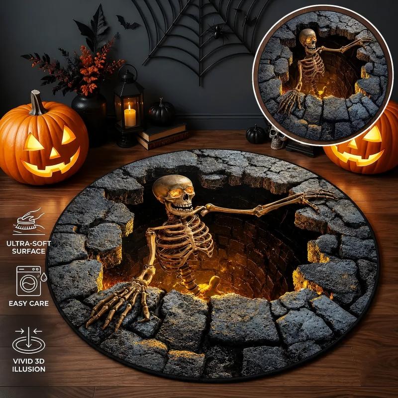 Halloween 3D Skeleton Vortex Illusion Round Rug Non Slip for Indoor Living Room Kitchen