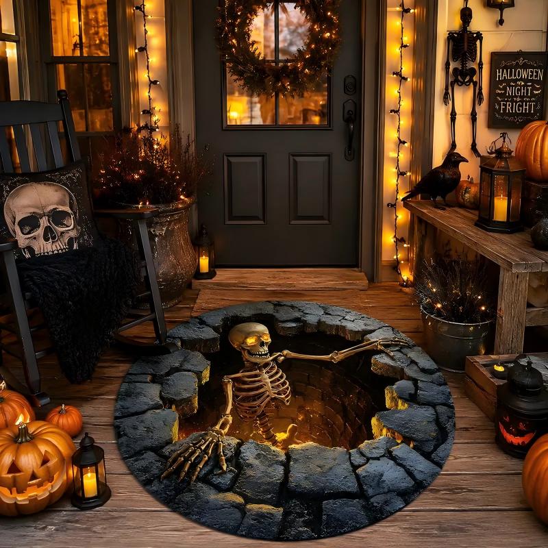Halloween 3D Skeleton Vortex Illusion Round Rug Non Slip for Indoor Living Room Kitchen
