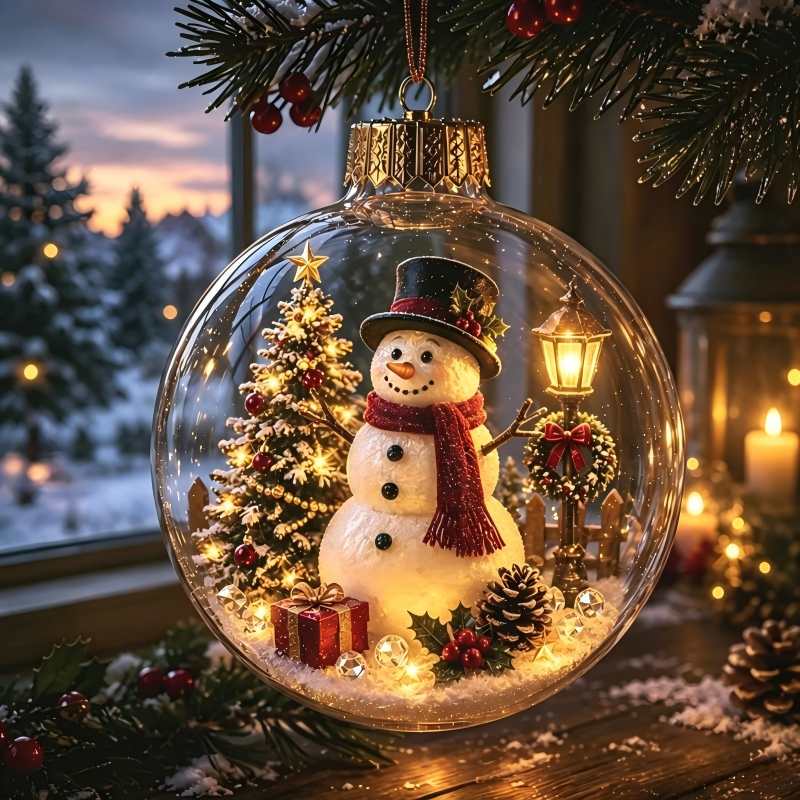 Light Up Christmas Ornament Ball, Acrylic Christmas Tree Hanging Decor, Xmas Scene Inside Bauble for Holiday Home Decor