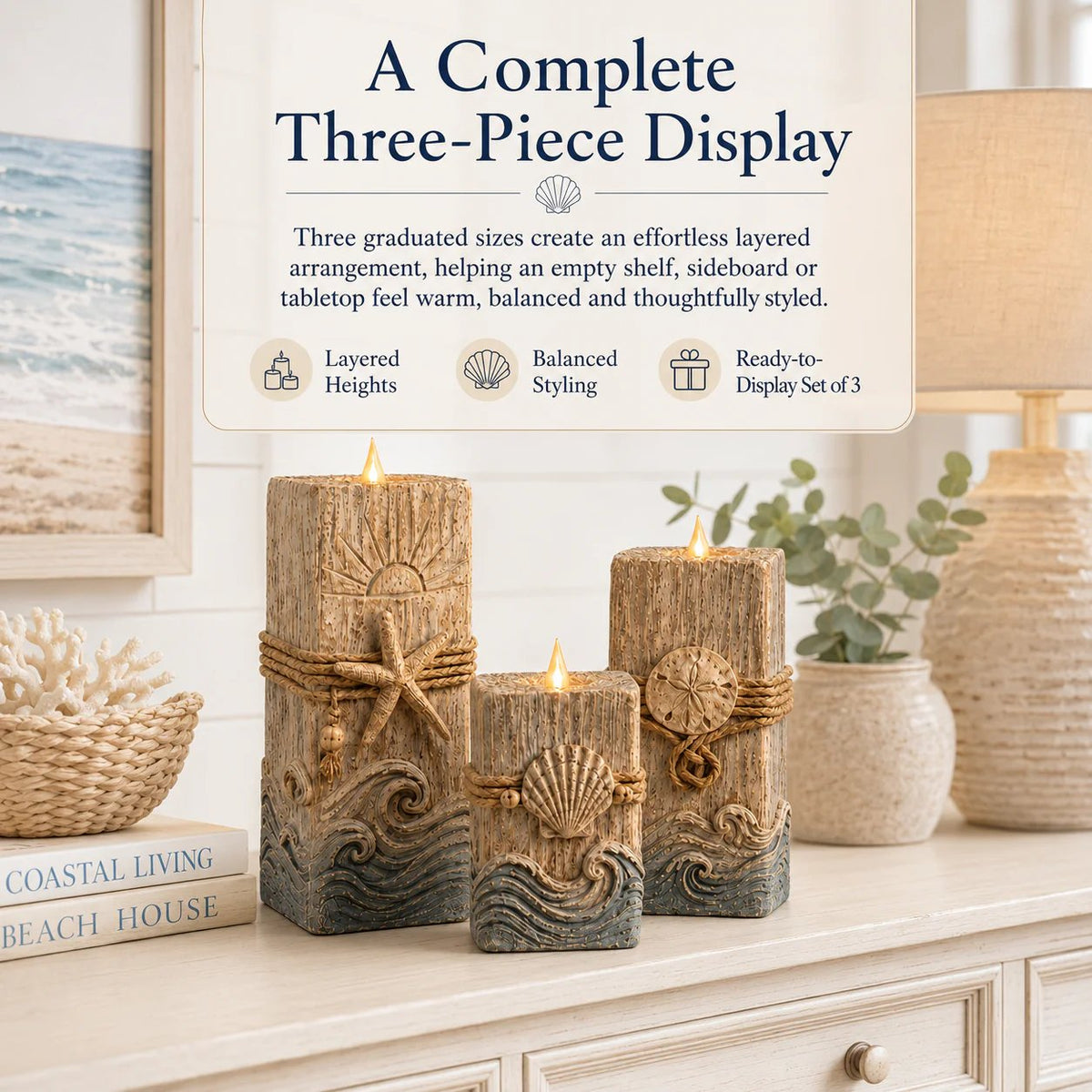 Coastal Wooden LED Candle Decor Set of 3 – Flameless Seashell Glow with Remote & Timer