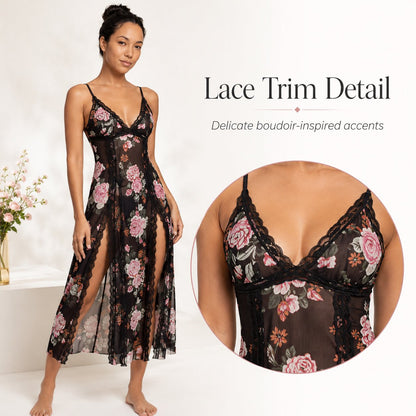 🔥Last Day 49% OFF - Sheer Floral Rose Print Maxi Dress 🎁