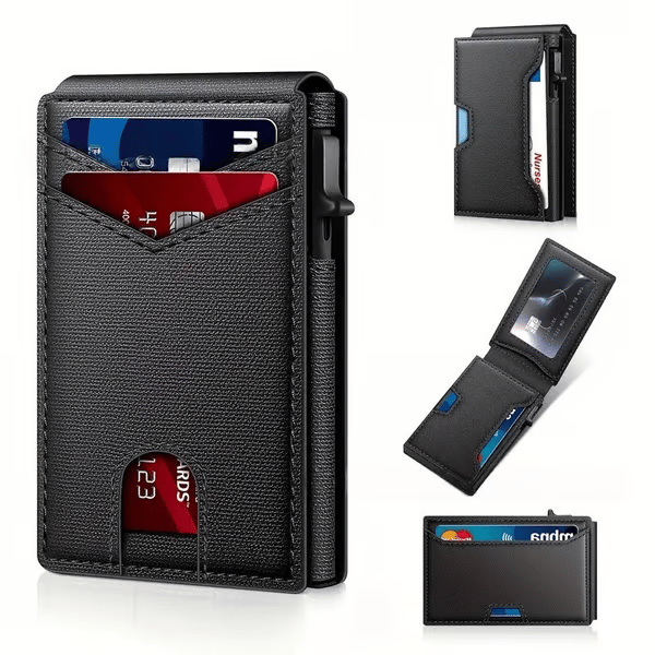 💼🔒Premium Aluminum RFID Blocking Minimalist Wallet for Men - Pop-Up Card Access, Money Clip & ID Window