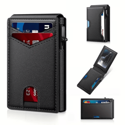 💼🔒Premium Aluminum RFID Blocking Minimalist Wallet for Men - Pop-Up Card Access, Money Clip & ID Window