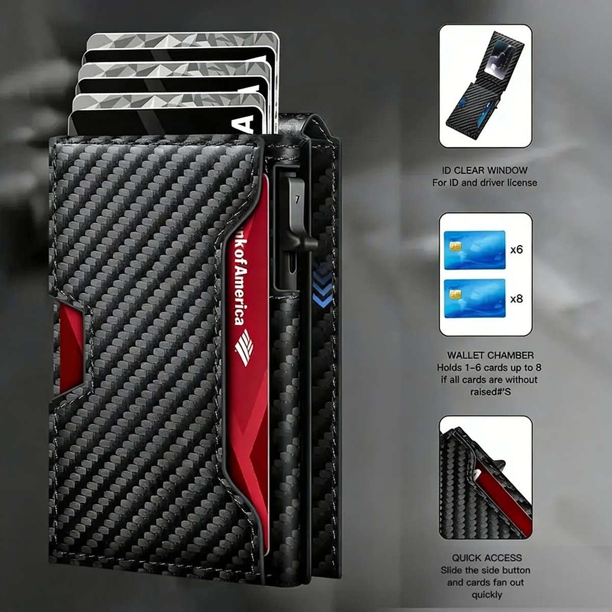 💼🔒Premium Aluminum RFID Blocking Minimalist Wallet for Men - Pop-Up Card Access, Money Clip & ID Window