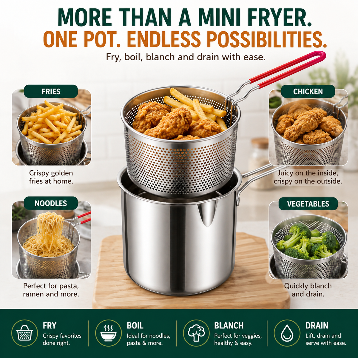 🔥Last Day 50% OFF - 🍟🏅🍟Personal Mini Deep Fryer Set – Stainless Steel Pot with Lift-Out Draining Basket & Food Tongs