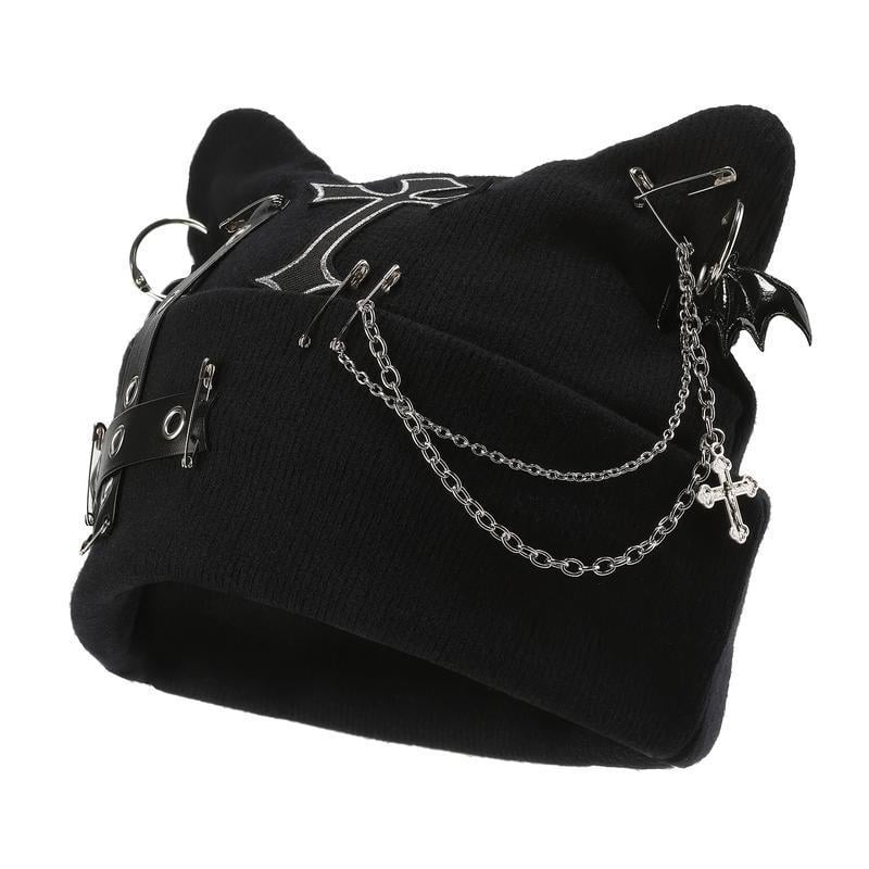 🔥Last Day 49% OFF - 🖤🦇Gothic Cat Ear Beanie with Punk Chain & Bat Charm