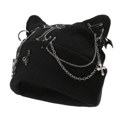 🔥Last Day 49% OFF - 🖤🦇Gothic Cat Ear Beanie with Punk Chain & Bat Charm