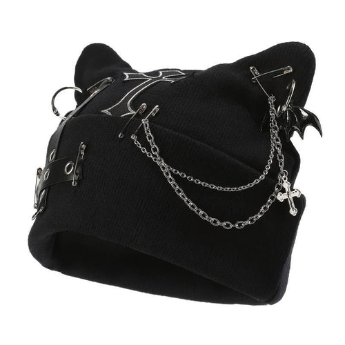🔥Last Day 49% OFF - 🖤🦇Gothic Cat Ear Beanie with Punk Chain & Bat Charm